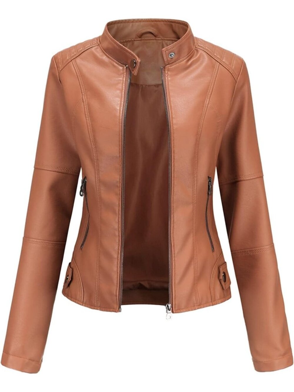 Women’s Camel Oversized Faux Leather Moto Biker Jacket Plus Size Motorcycle Coat